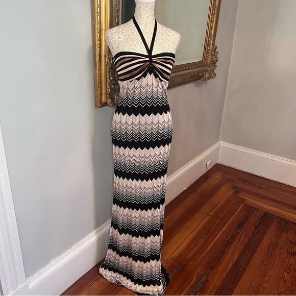 TRINA TURK Vallarta Brown, Cream , Black Chevron Halter Maxi Dress Size Medium - Picture 2 of 13